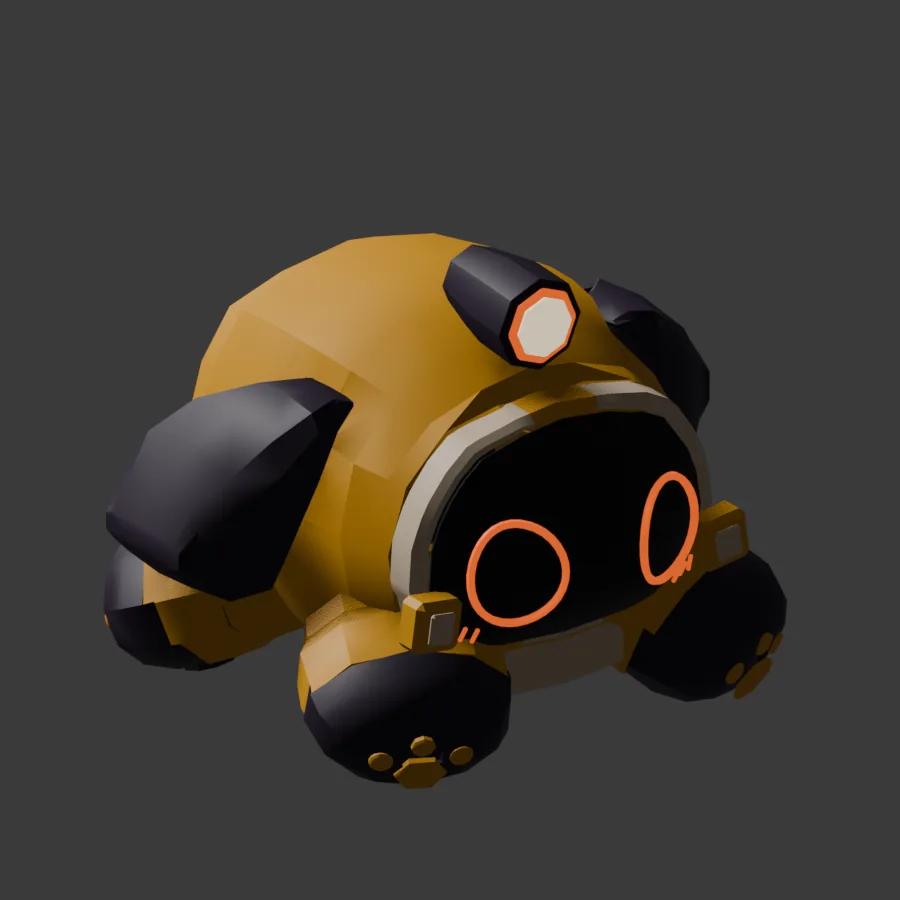 게임용으로 승인한 game-v042 모델의 사선 렌더. 노란 몸통, 검은 얼굴, 주황 링 눈, 큰 자주색 귀, 발가락 패드가 있는 검은 발