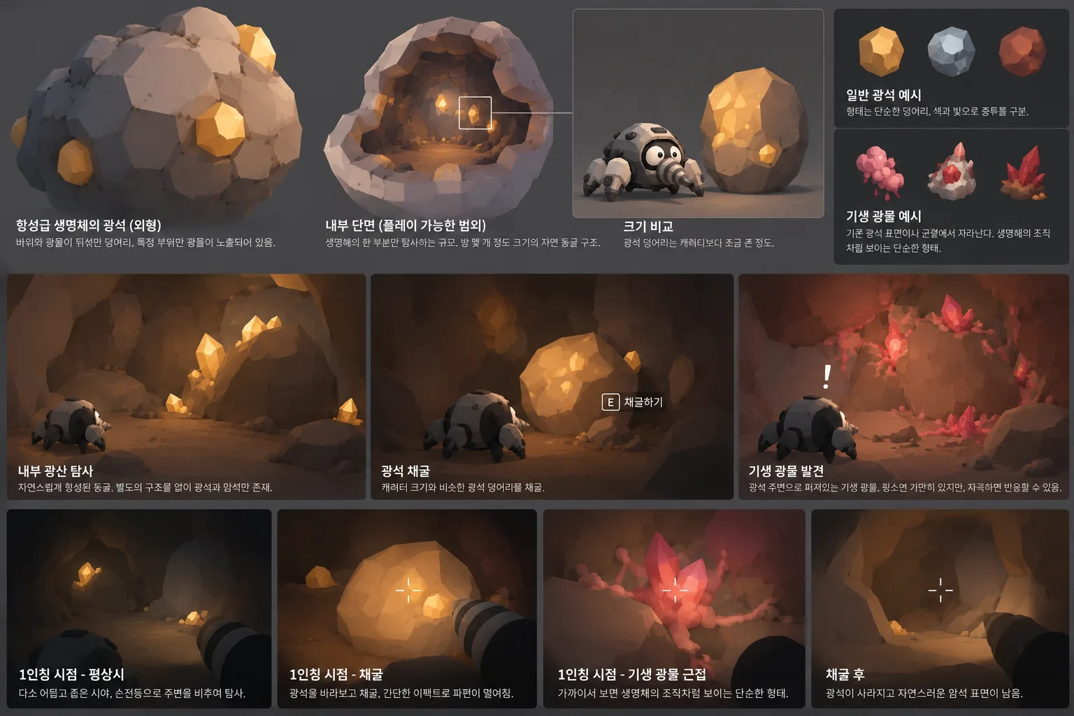 광석과 채굴 콘셉트 이미지, 일반 광석과 분홍 기생 광물이 구분돼 있다
