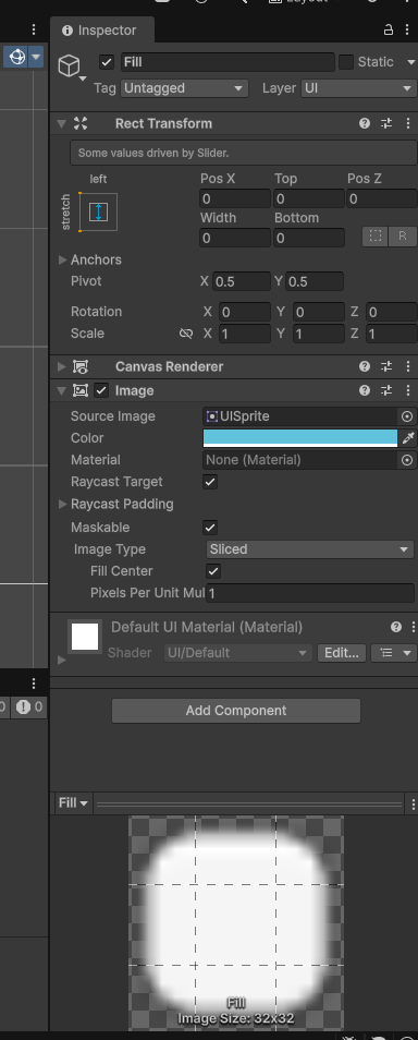 Fill의 Rect Transform에 Some values driven by Slider 경고가 떠 있다